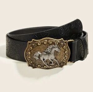 NEW Black Tooled Belt with Horse Buckle
